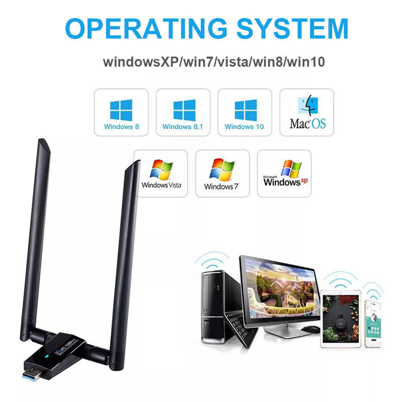 USB 3.0 WiFi Receiver 2.4+5.8GHz Dual Band 1200M Wireless Adapter Dongle for PC