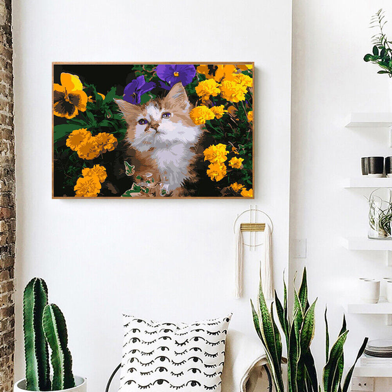 DIY Digital Painting By Numbers Cat Flower Frameless Canvas Picture Modern Art