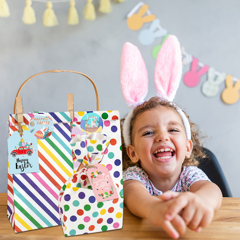 Easter Paper Bag 24 Sets Wrapped Treat Bag with Stickers Clips 10m Ropes