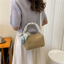 Woven Shoulder Bag Silk Scarf Pleated Travel Messenger Tote Handbag (Khaki)