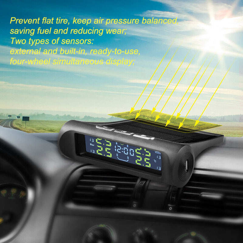 AN-01D 2 in 1 Car Solar TPMS Clock LCD Tyre Pressure Monitoring Alarm System
