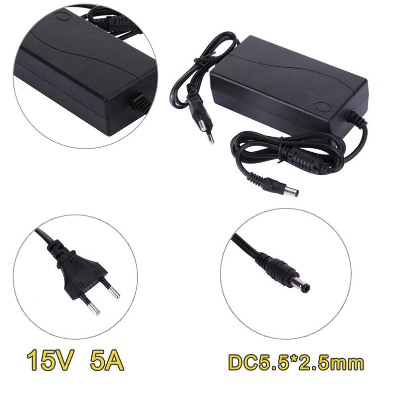 15V 5A AC to DC Power Adapter Dual Cable Converter Universal 5.5x2.1-2.5mm