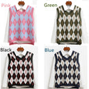Y2K Loose sweater V Neck Knitwear top Plaid Knitted Sleeveless Sweater Vest