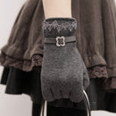 Women Touch Screen Winter Warm Weaved Knit Lace Gloves (Gray)