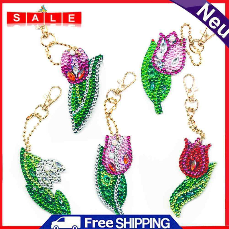 5pcs DIY Full Drill Special Shaped Diamond Painting Flower Key Ring Ornaments