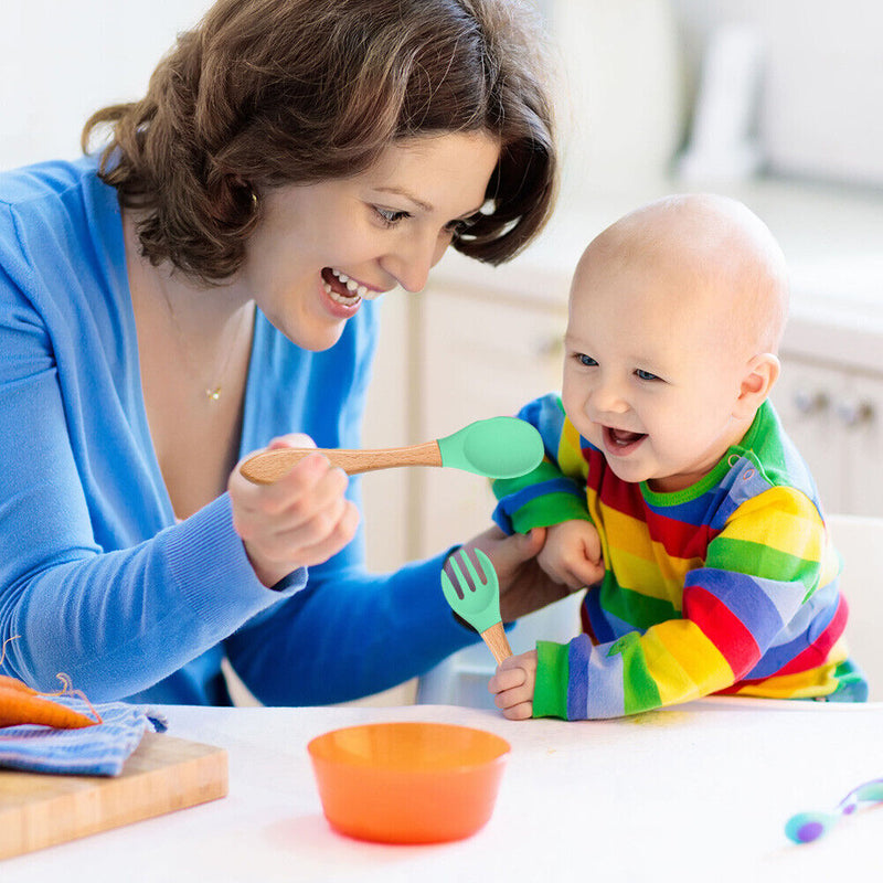 Baby Wooden Silicone Feeding Spoon Toddlers BPA-free Tableware (13) Newly