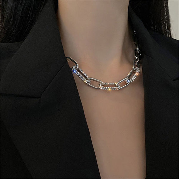 Women Men Fashion Necklace Hip Hop Cuban Necklace Inlaid Rhinestone Link Chain