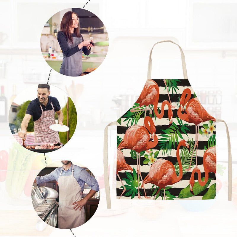 Kitchen Linen Apron Stripe Flamingo Print Home Restaurant Cooking Baking Bi