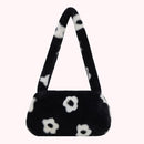 Women Soft Warm Plush Flower Pattern Handbags Female Travel Fluffy Underarm Bags