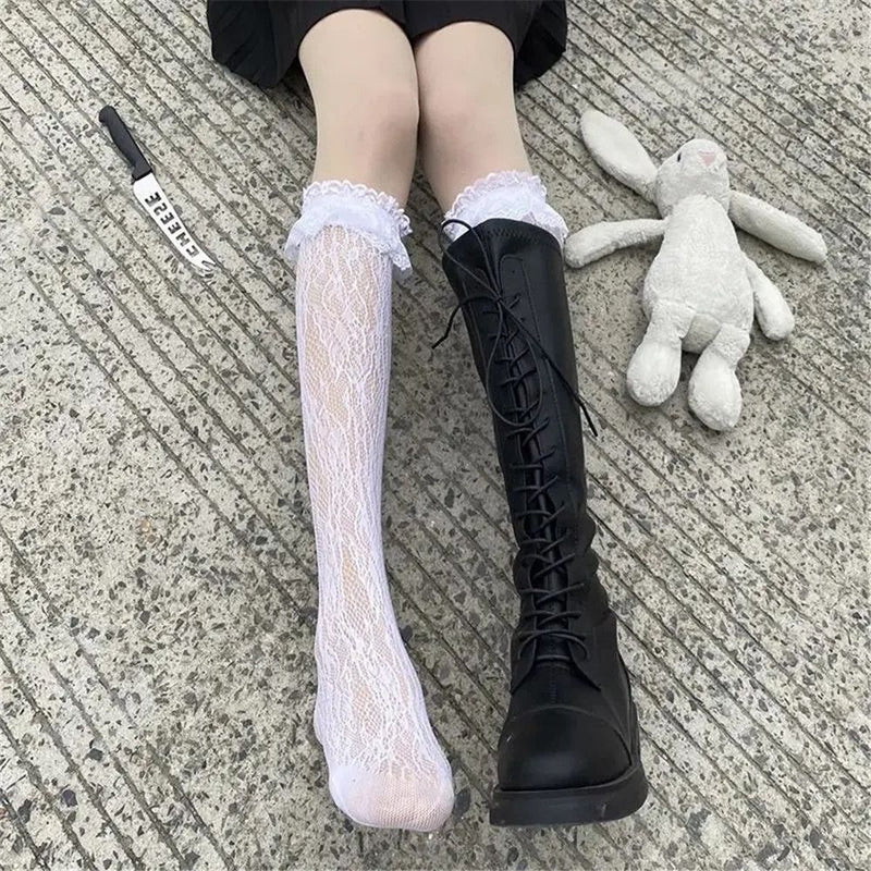 Elastic Maid Girl Gift Knee High Lace Bow Socks Transparent Lolita Socks