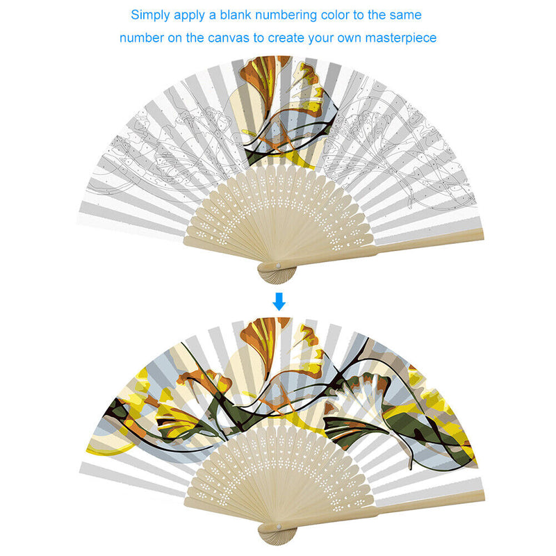 Handmade Oil Painting Ginkgo Leaf Folding Fan By Numbers DIY Painted Craft