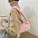 Retro Shoulder Handbags Women Solid Color Plush Underarm Bag Purse (Pink)