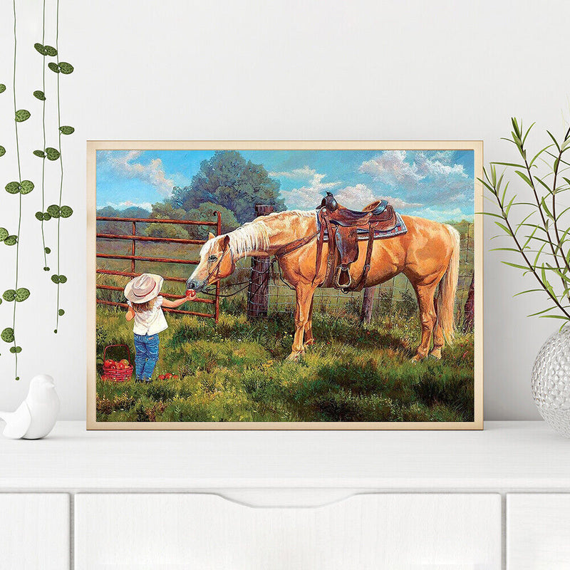 Frameless Oil Paint By Numbers Feeding Horse Girl DIY Canvas Picture Kit