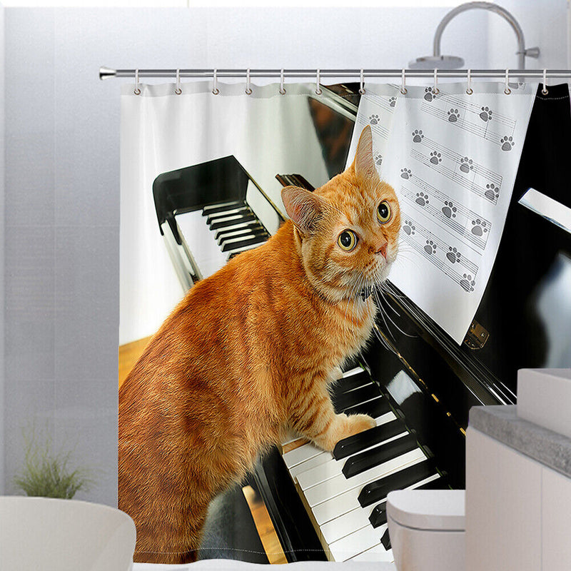 Cat Playing Piano Shower Curtain Anti Splash Bathroom Curtain Hanging Covers
