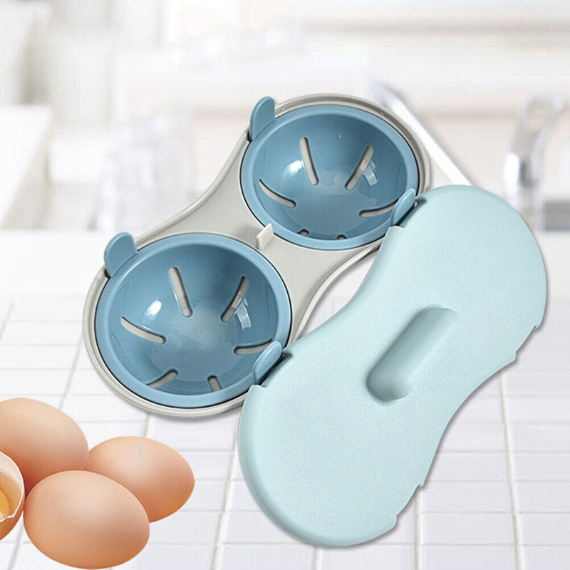 Microwave Egg Poacher 2 Cavity Boiled Egg Box Kitchen Cooking Gadget (Blue)