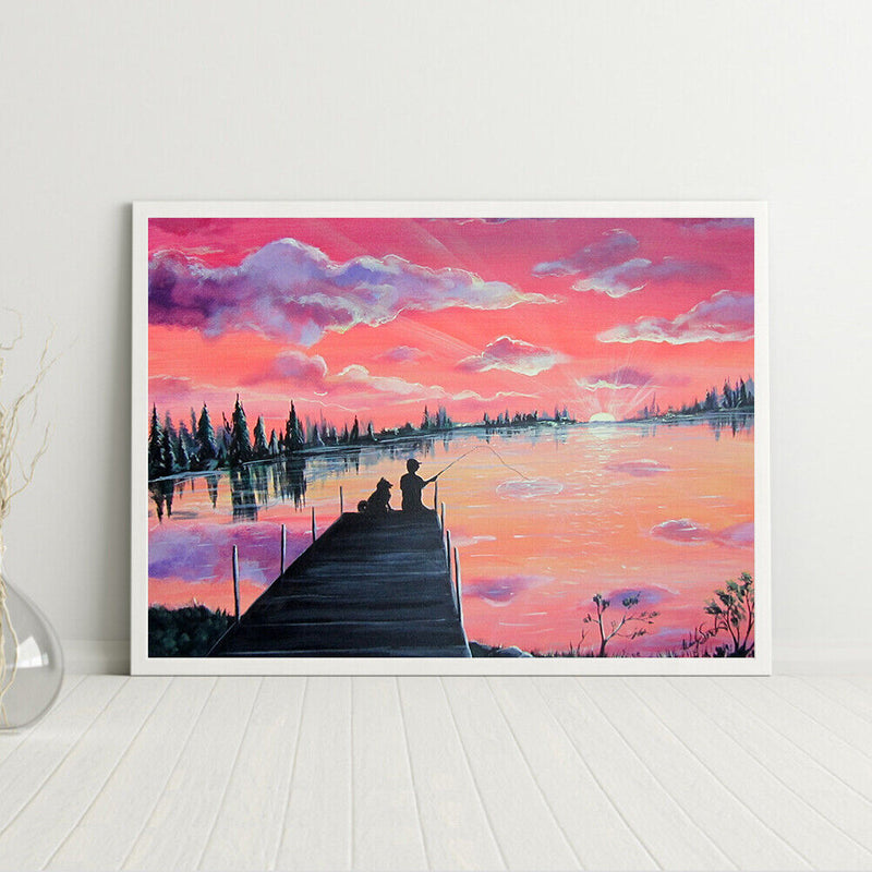 Frameless Sunrise Fishing Oil Paint By Numbers Kit Handmade Drawing On Canvas