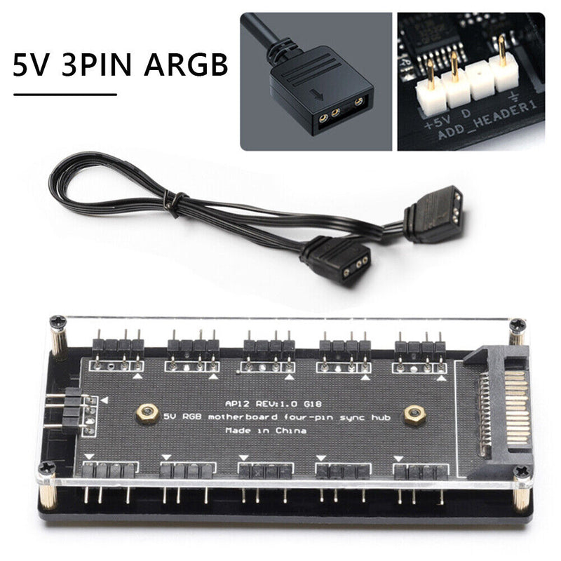 Desktop Computer ARGB Fan Hub Case+Cable 5V 3PIN PC RGB Cooler Splitter Set