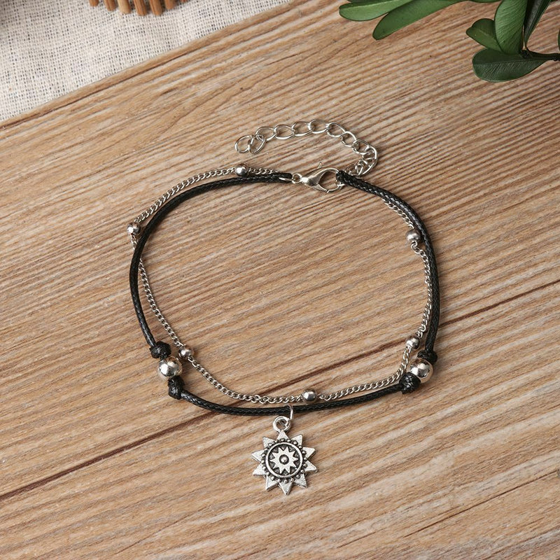 Women Summer Beach Leather Jewelry Anklets Sun Pendant Beads Charm  Foot Chain