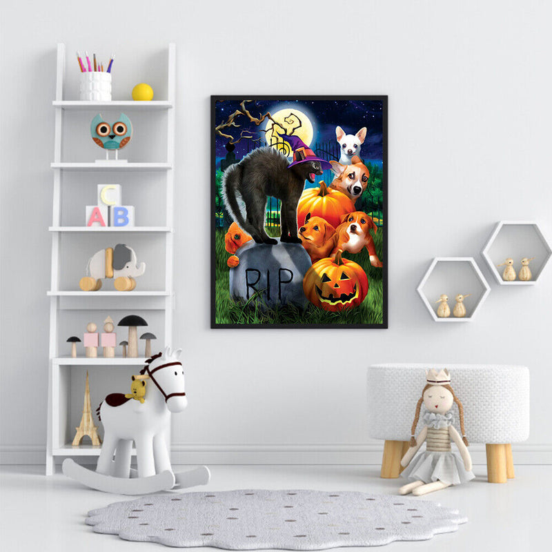 Frameless Oil Paint By Numbers DIY Halloween Dog Cat Picture Craft for Home