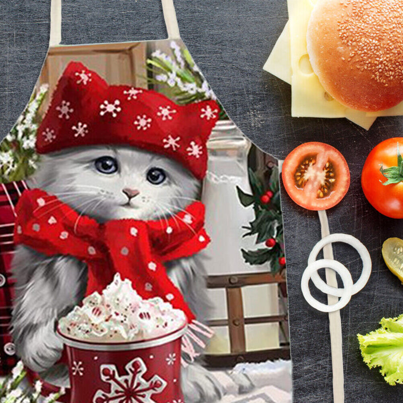 Portable Baking Painting Cooking Art Bib Apron Christmas Cat Printed Linen Ap