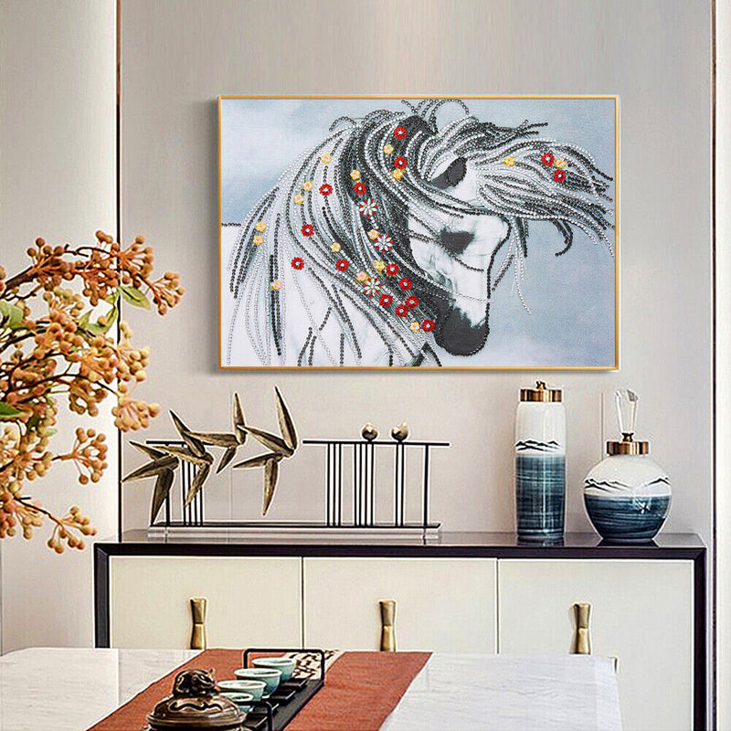 Mosaic Special Shaped DIY 5D White Horse Diamond Painting Drawing Wall Kit Newly