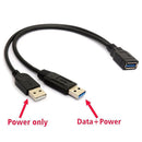 USB 3.0 Female to Dual USB Type A Male Extra Power Data Y Extension Cable Black