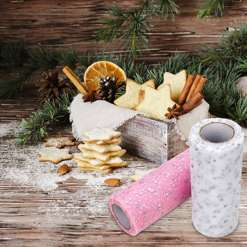 Glitter Tulle Rolls - 2 Rolls Sparkling Sequins Tulle Spool (White + Pink)