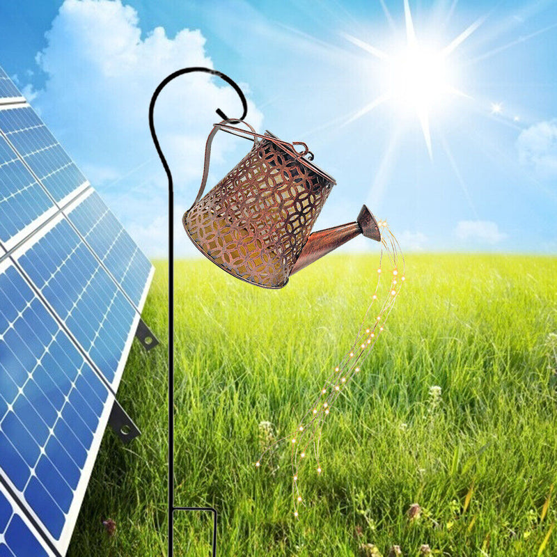 LED Solar Watering Can Lamp Garden Art Metal Iron Kettle Light (D Hook Up) Newly