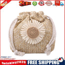 Women Straw Bucket Shoulder Bags Flower Drawstring Crossbody Pouch (Khaki)