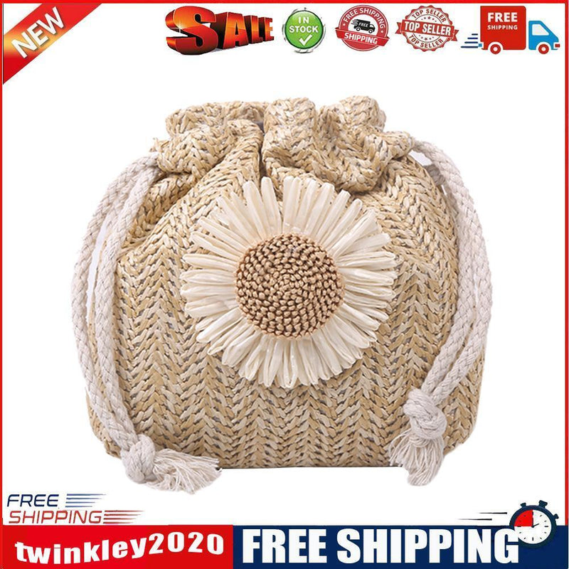 Women Straw Bucket Shoulder Bags Flower Drawstring Crossbody Pouch (Khaki)
