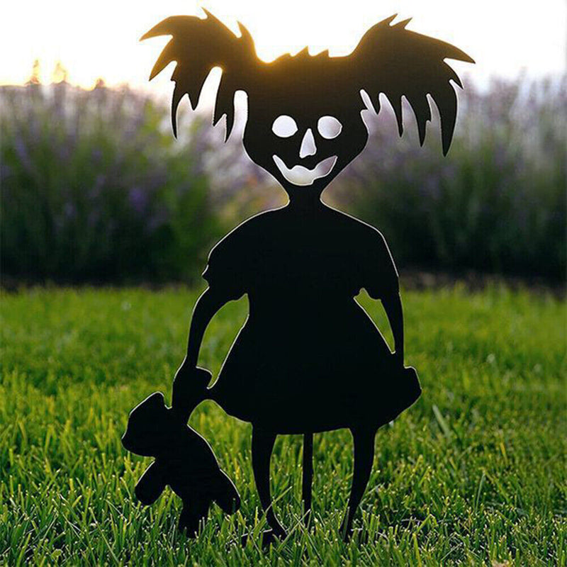 Evil Children Metal Silhouette Lawn Outdoor Plug-in Garden Sign Statue Decor