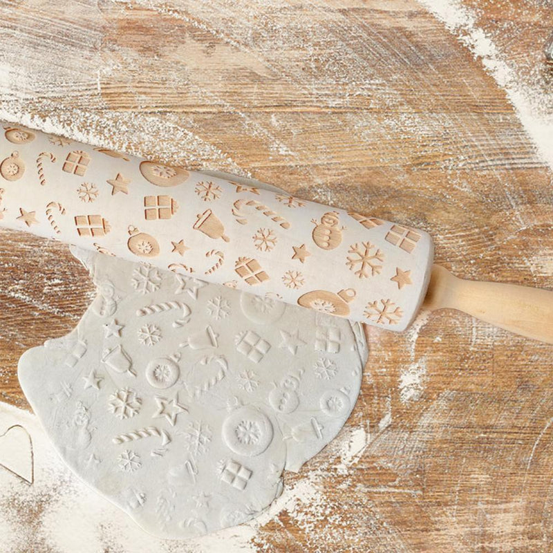 Wood Christmas Gift Embossed Rolling Pins Embossing Baking Cookies Kitchen Tool