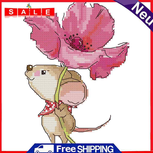 2 Strands Mouse with Flowers Partial Embroidery Stamped Cross Stitch Home Decor