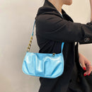 Women Pleated Chain Solid Color Underarm Bag Casual Small Handbag (Blue)