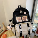 Women Cute Hit Color Backpack Student Canvas Knapsack with Pendant (Black) Newly
