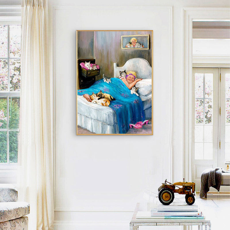 Granny and Cats Oil Paint By Numbers DIY Canvas Wall Picture Craft Home Decor
