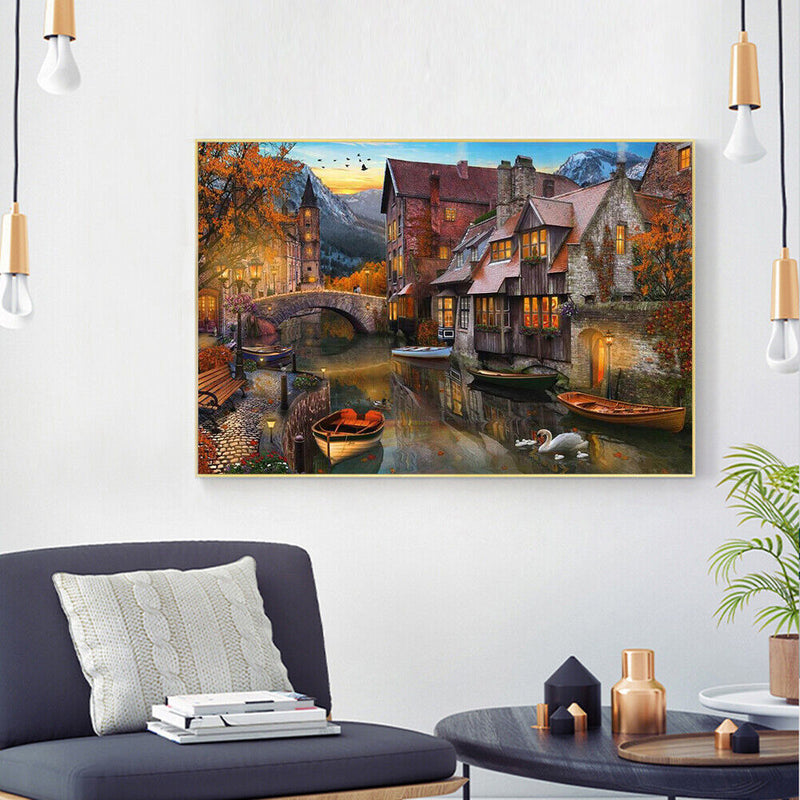 Frameless Oil Painting Arts Picture By Number Riverside Town Hand Painted Craft