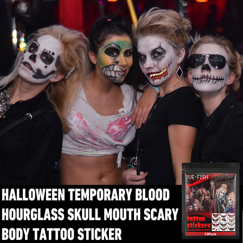 Halloween Big Mouth Tattoo Stickers Waterproof 12 Piece for Arm Face Hand Neck