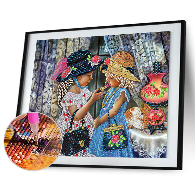 5D DIY Partial Special Shaped Drill Diamond Painting Two Little Girl Handmade