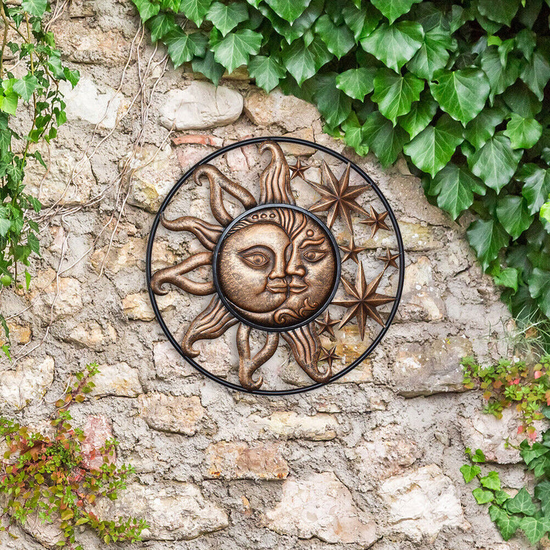 Metal Sun Moon Wall Hanging Sculpture Wrought Iron Ornament Art for Home Decor