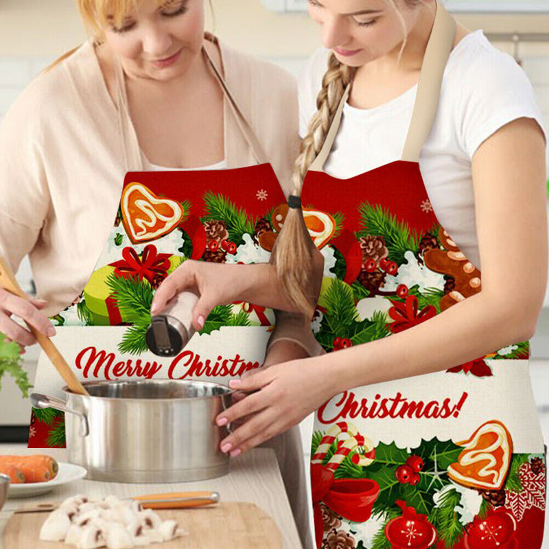 Merry Christmas Linen Kitchen Apron Waterproof Cooking Pinafore (82x68cm)