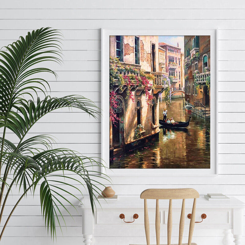 Hand Paint Painting By Numbers Kit River of The Town Oil DIY Canvas Drawing