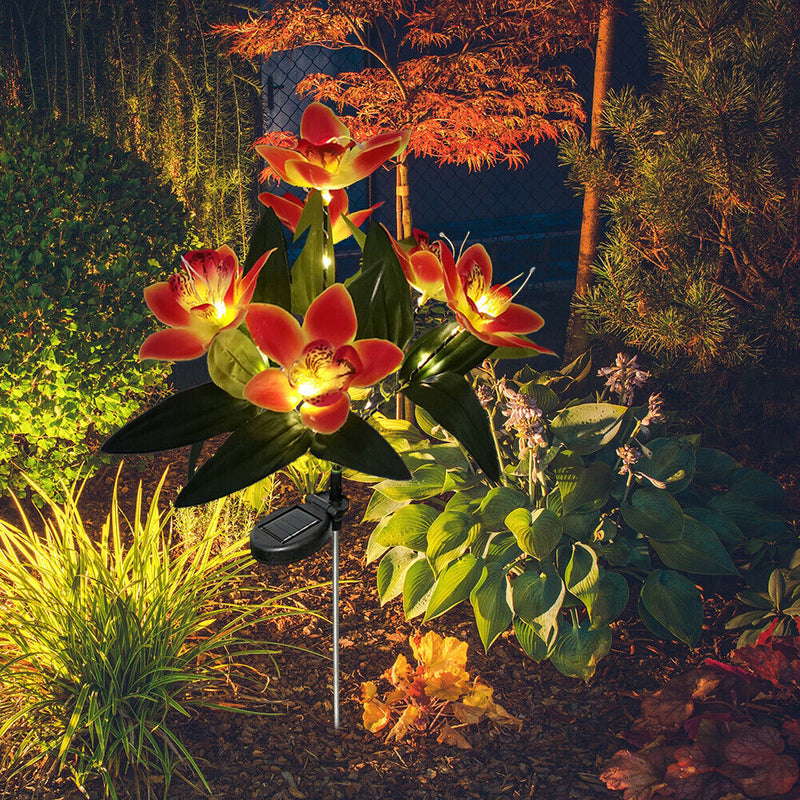 2x LED Solar Garden Orchid Light Waterproof Landscape Fence Decor (Orange)