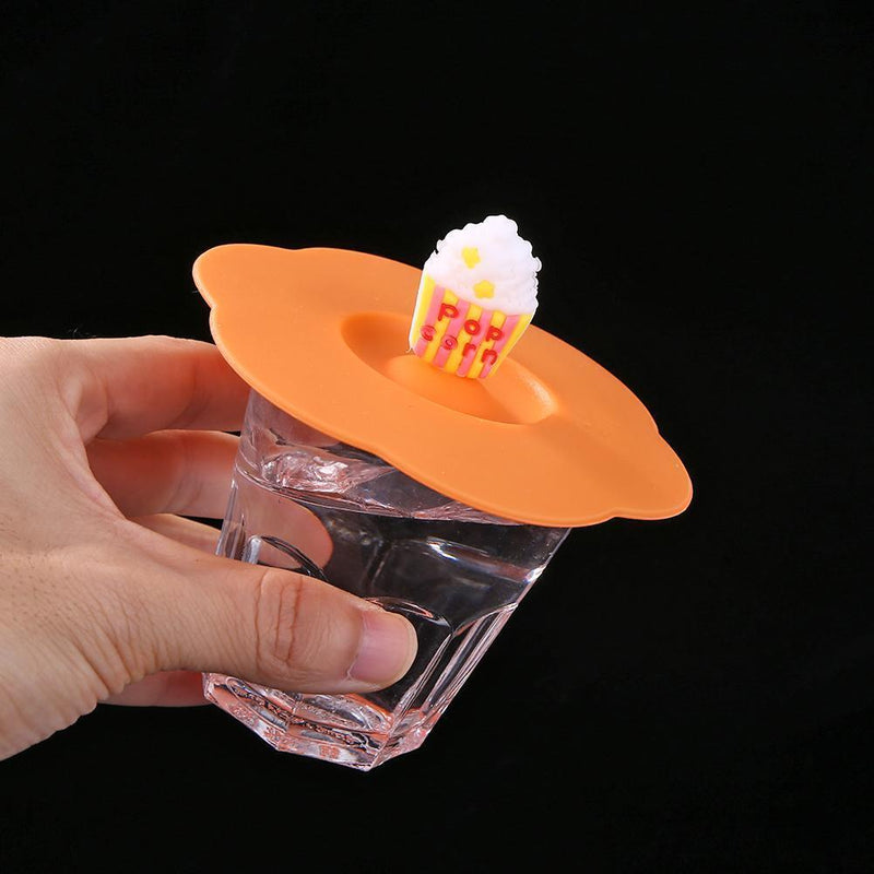 5pcs Silicone Cup Cover Heat-resistant Leak Proof Cartoon (Orange Popcorn)