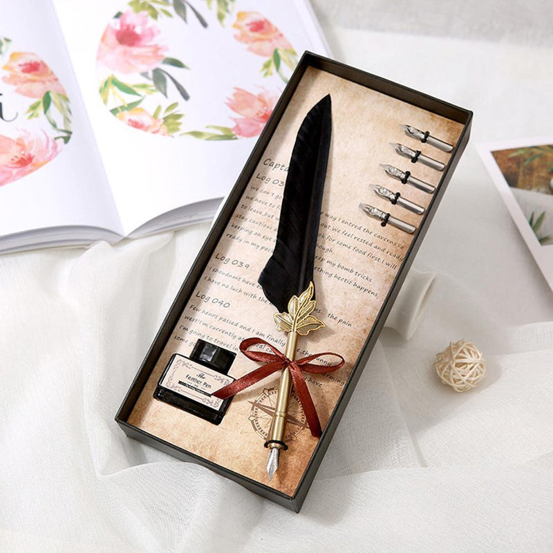 Retro Feather Dip Pen Writing Ink Set Quill Pen Fountain Pens Gift Box