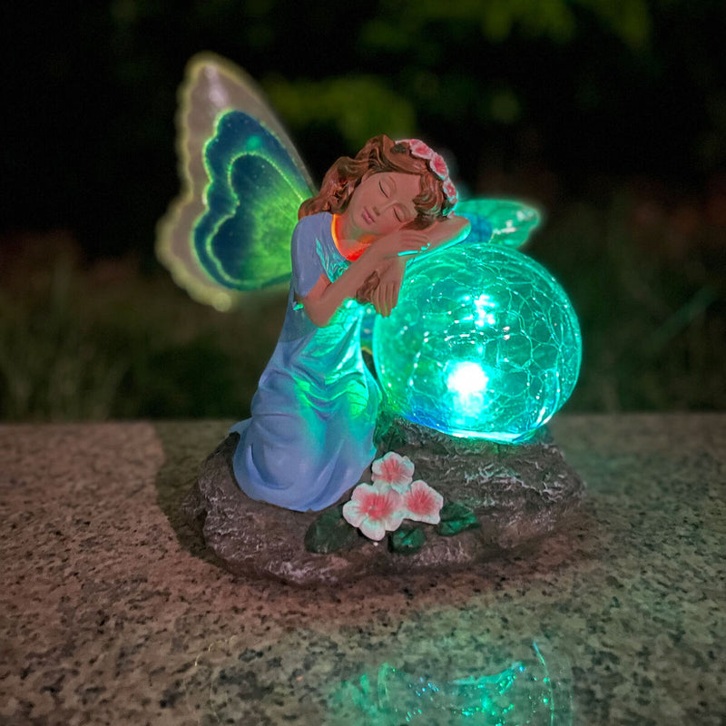 Garden Fairy Statue Waterproof Outdoor Sculpture with Solar Lights (Blue) Newly