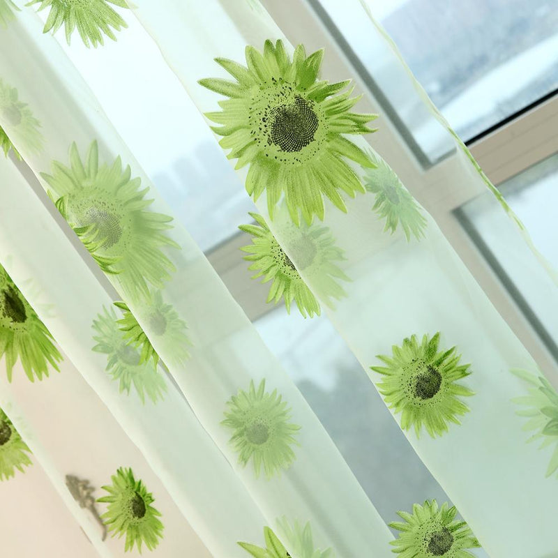 Sunflower Print Window Door Curtain Tulle Curtains for Living Room (Green)
