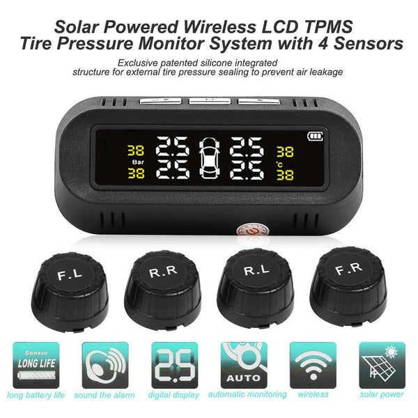Solar Wireless Car TPMS Tire Pressure Monitor System LCD w/4 External + USB