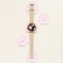 Trendy Fashion Mirror Face Flower PU Leather Wrist Watch (Beige)