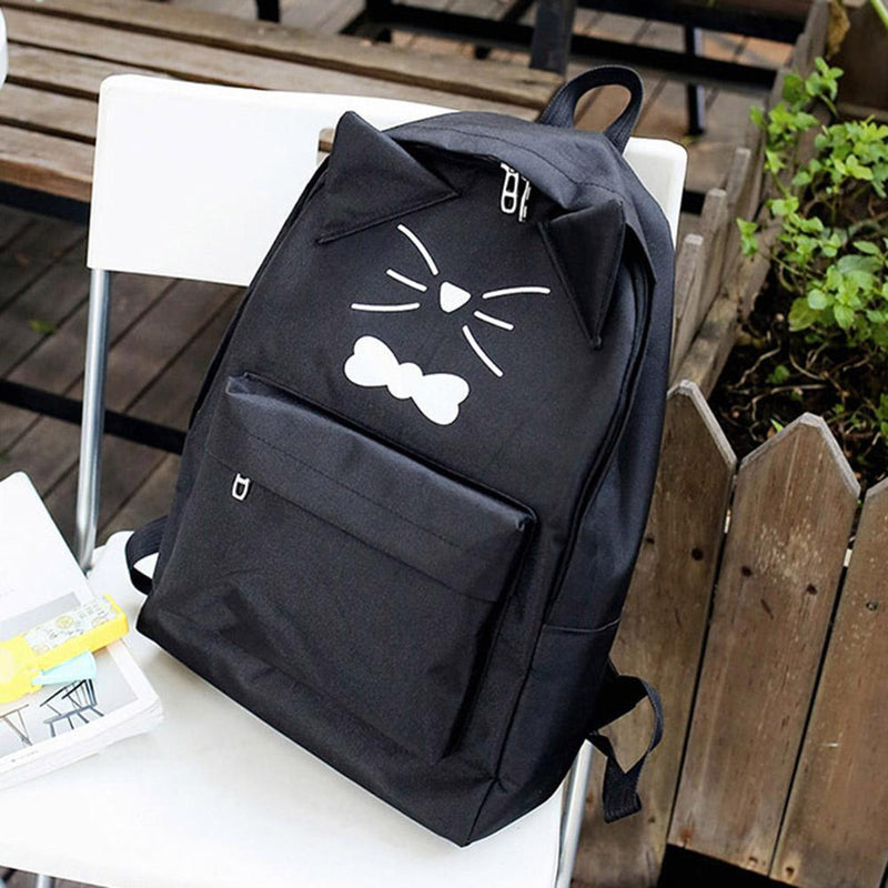 Women PU Leather Lovely Cartoon Cat Printed Backpack Shoulder Bag(Black)